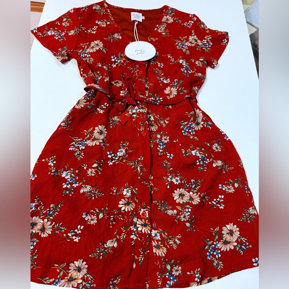 Red Floral Button-Front Mini Dress with Self-Tie Waist